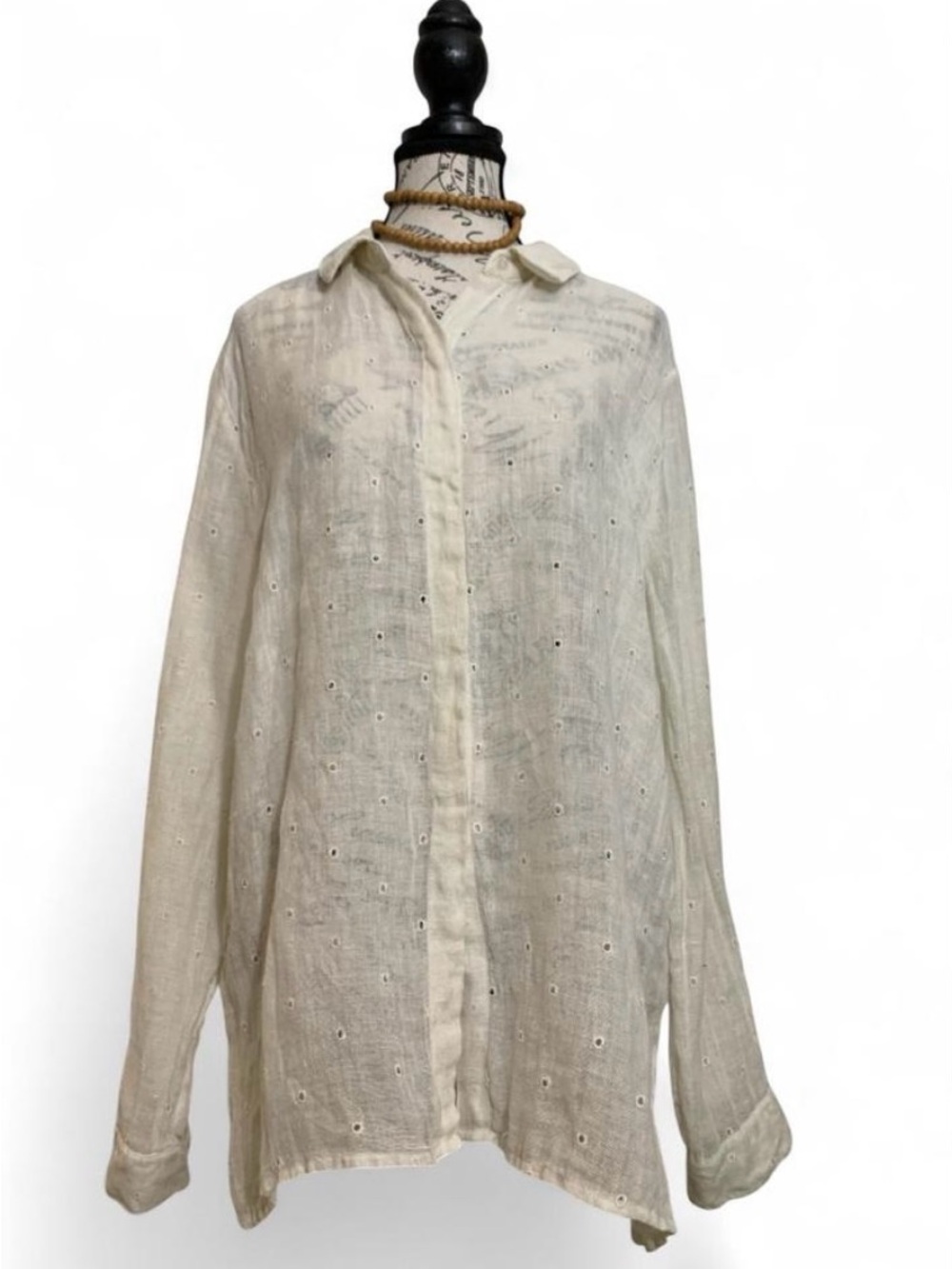 Doncaster Linen Sheer Eyelet Collared Button-Up Long Sleeve Blouse Women’s L